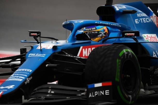 Fernando Alonso of Spain driving the Alpine A521 Renault on track during qualifying ahead of the F1 Grand Prix of Russia at Sochi Autodrom on...