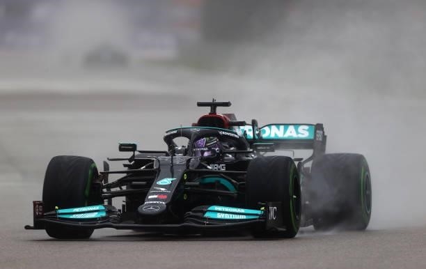 Lewis Hamilton of Great Britain driving the Mercedes AMG Petronas F1 Team Mercedes W12 during qualifying ahead of the F1 Grand Prix of Russia at...