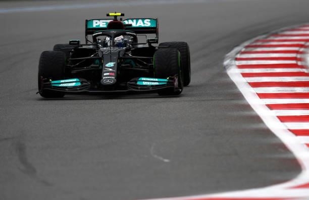 Valtteri Bottas of Finland driving the Mercedes AMG Petronas F1 Team Mercedes W12 on track during qualifying ahead of the F1 Grand Prix of Russia at...