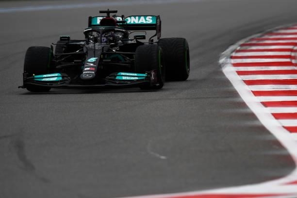 Lewis Hamilton of Great Britain driving the Mercedes AMG Petronas F1 Team Mercedes W12 on track during qualifying ahead of the F1 Grand Prix of...