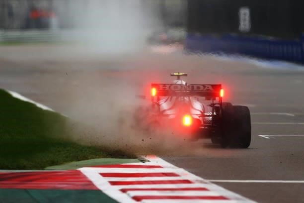 Pierre Gasly of France driving the Scuderia AlphaTauri AT02 Honda kicks up dirt as he runs wide during qualifying ahead of the F1 Grand Prix of...