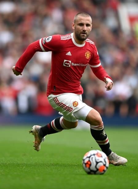 Luke Shaw of Manchester United during the Premier League match between Manchester United and Aston Villa at Old Trafford on September 25, 2021 in...