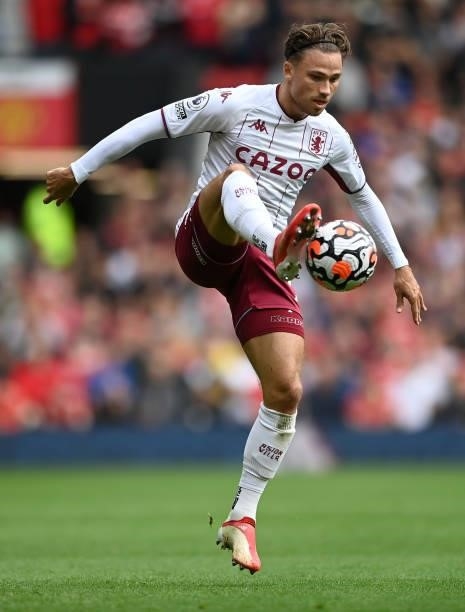 Matty Cash of Aston Villa during the Premier League match between Manchester United and Aston Villa at Old Trafford on September 25, 2021 in...