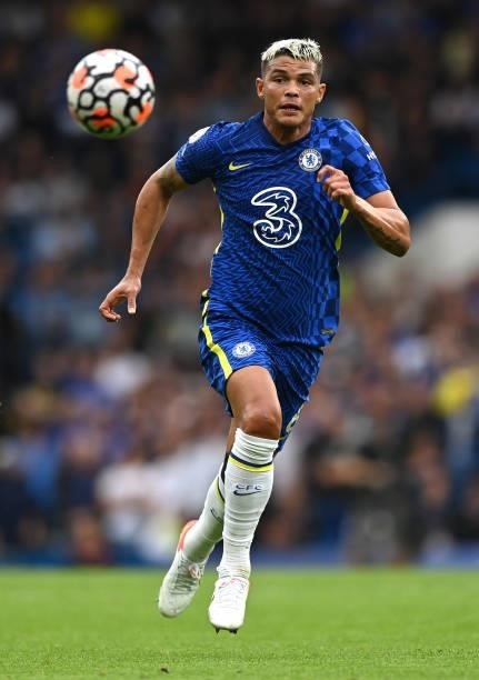 Thiago Silva of Chelsea runs for the ball during the Premier League match between Chelsea and Manchester City at Stamford Bridge on September 25,...