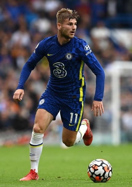 Timo Werner of Chelsea runs with the ball during the Premier League match between Chelsea and Manchester City at Stamford Bridge on September 25,...