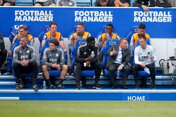 Leicester City manager Brendan Rodgers gestures during the Premier League match between Leicester City and Burnley at The King Power Stadium on...