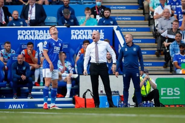 Burnley manager Sean Dyche reacts during the Premier League match between Leicester City and Burnley at The King Power Stadium on September 25, 2021...