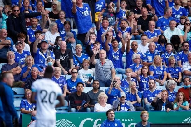Maxwel Cornet of Burnley provokes a reaction from supporters of Leicester City during the Premier League match between Leicester City and Burnley at...