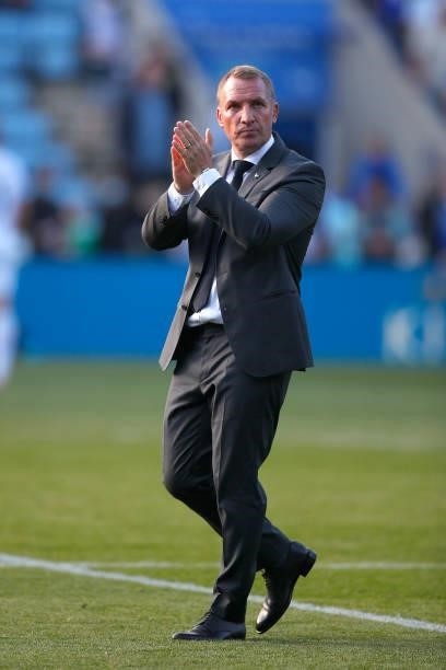 Leicester City manager Brendan Rodgers applauds the supporters during the Premier League match between Leicester City and Burnley at The King Power...