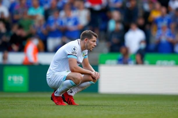 James Tarkowski of Burnley looks on following Leicester City's equalising goal during the Premier League match between Leicester City and Burnley at...