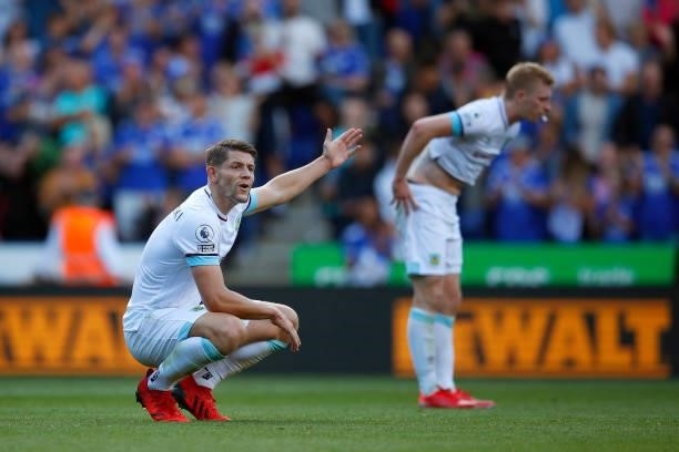 James Tarkowski of Burnley reacts following Leicester City's equalising goal during the Premier League match between Leicester City and Burnley at...