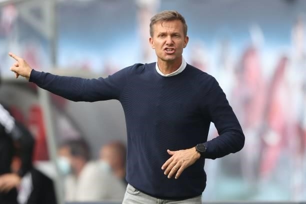 Jesse Marsch, Head Coach of RB Leipzig reacts during the Bundesliga match between RB Leipzig and Hertha BSC at Red Bull Arena on September 25, 2021...