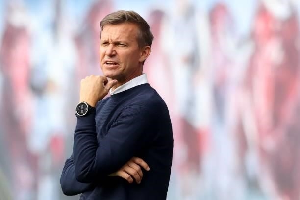 Jesse Marsch, Head Coach of RB Leipzig reacts during the Bundesliga match between RB Leipzig and Hertha BSC at Red Bull Arena on September 25, 2021...