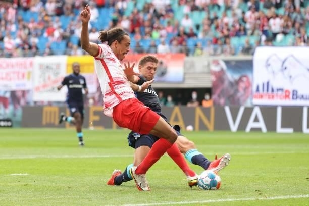 Leipzig's Yussuf Poulsen scores his sides second goal during the Bundesliga match between RB Leipzig and Hertha BSC at Red Bull Arena on September...