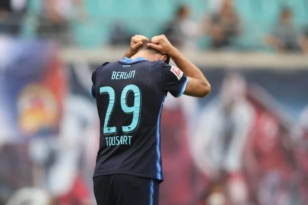Lucas Tousart of Hertha Berlin reacts during the Bundesliga match between RB Leipzig and Hertha BSC at Red Bull Arena on September 25, 2021 in...