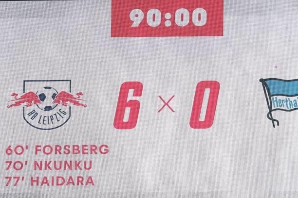 The scoreboard is pictured after the Bundesliga match between RB Leipzig and Hertha BSC at Red Bull Arena on September 25, 2021 in Leipzig, Germany.