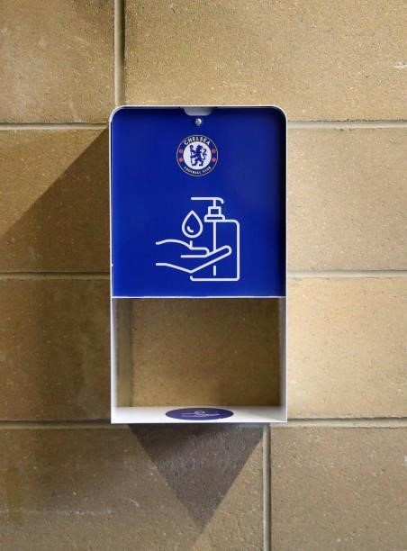 Chelsea branded hand sanitiser station prior to the Premier League match between Chelsea and Manchester City at Stamford Bridge on September 25, 2021...