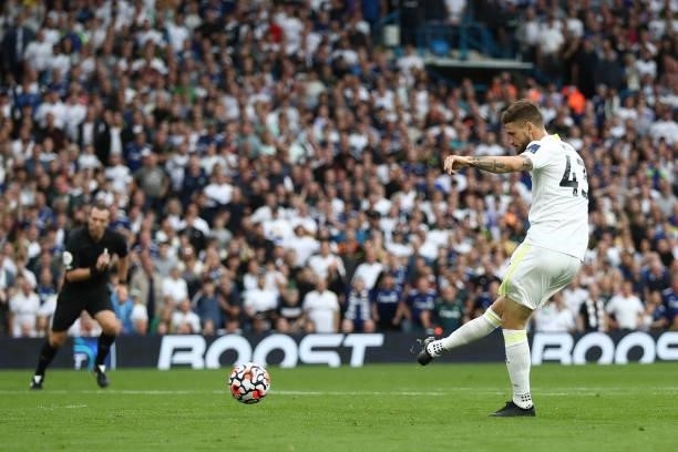 Mateusz Klich of Leeds United shoots wide during the Premier League match between Leeds United and West Ham United at Elland Road on September 25,...