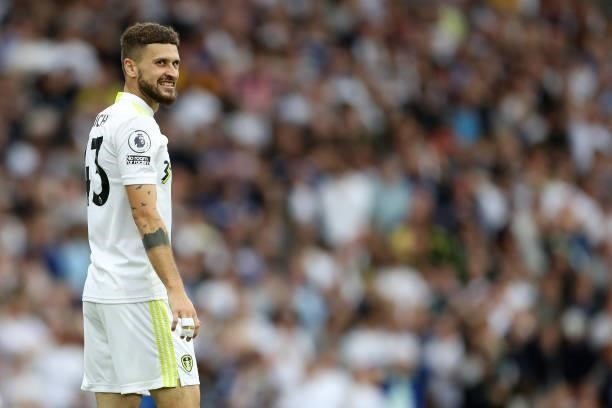 Mateusz Klich of Leeds United reacts during the Premier League match between Leeds United and West Ham United at Elland Road on September 25, 2021 in...
