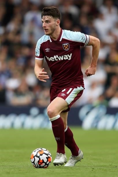 Declan Rice of West Ham United runs with the ball during the Premier League match between Leeds United and West Ham United at Elland Road on...