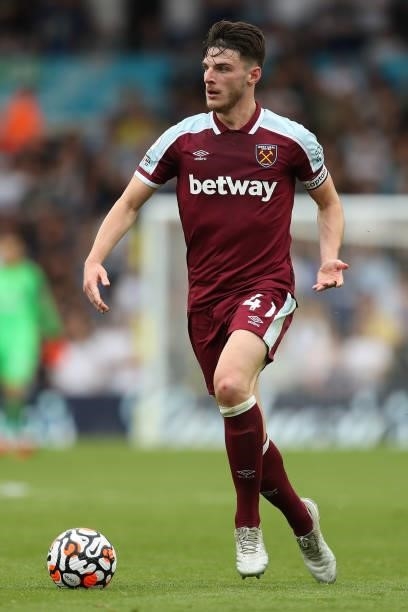 Declan Rice of West Ham United runs with the ball during the Premier League match between Leeds United and West Ham United at Elland Road on...