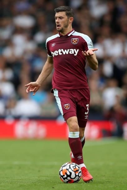 Aaron Cresswell of West Ham United on the ball during the Premier League match between Leeds United and West Ham United at Elland Road on September...