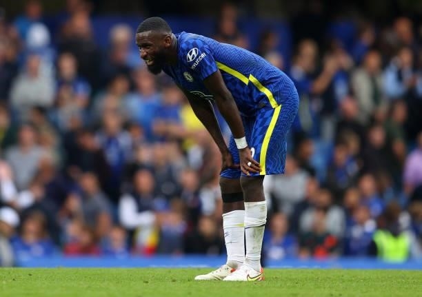 Antonio Rudiger of Chelsea reacts at the end of the Premier League match between Chelsea and Manchester City at Stamford Bridge on September 25, 2021...