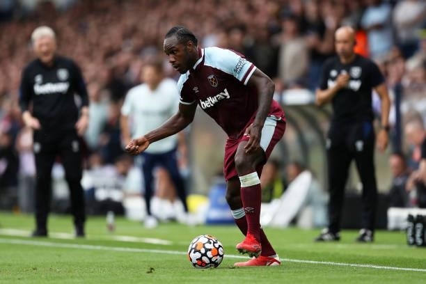 Michail Antonio of West Ham United on the ball during the Premier League match between Leeds United and West Ham United at Elland Road on September...