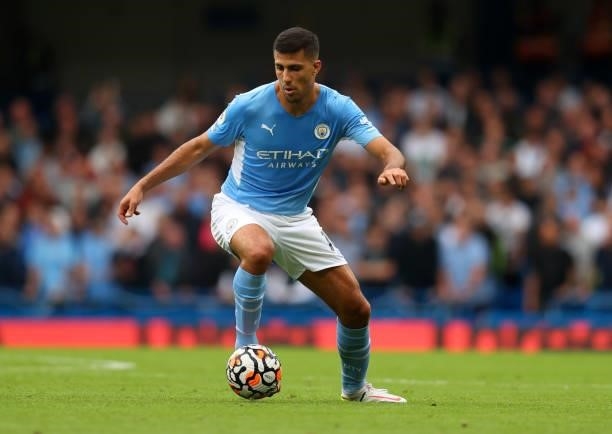 Rodri of Manchester City during the Premier League match between Chelsea and Manchester City at Stamford Bridge on September 25, 2021 in London,...
