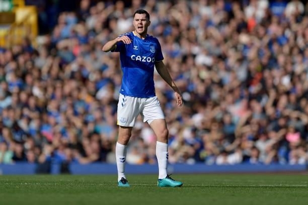 Michael Keane of Everton during the Premier League match between Everton and Norwich City at Goodison Park on September 25, 2021 in Liverpool,...
