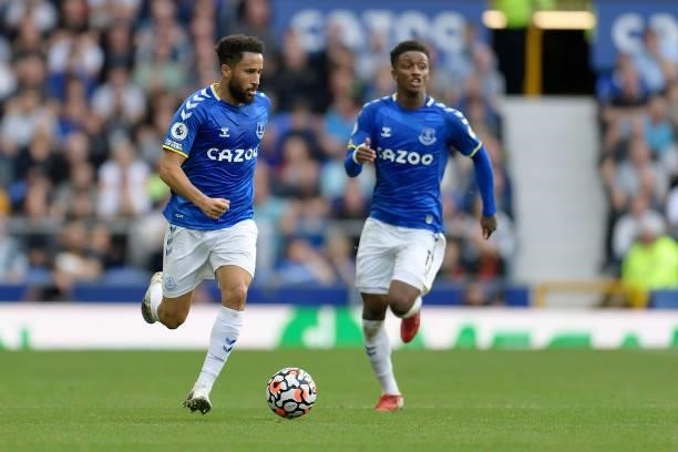 Andros Townsend and Demarai Gray of Everton during the Premier League match between Everton and Norwich City at Goodison Park on September 25, 2021...