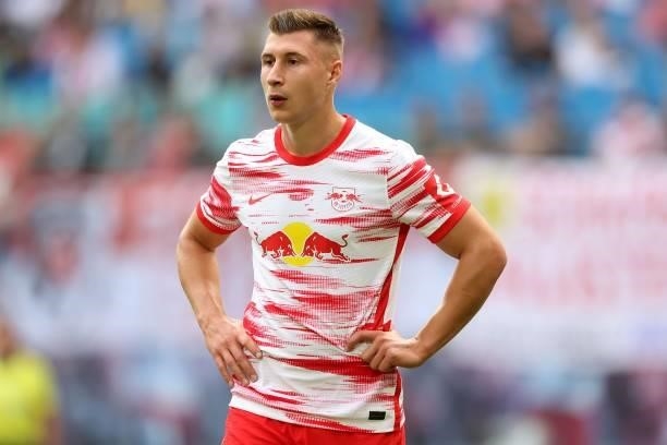 Willi Orban of Leipzig looks on during the Bundesliga match between RB Leipzig and Hertha BSC at Red Bull Arena on September 25, 2021 in Leipzig,...
