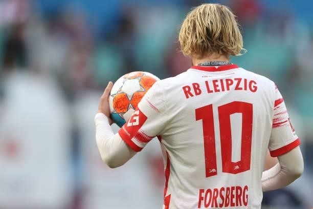 Emil Forsberg of Leipzig looks on during the Bundesliga match between RB Leipzig and Hertha BSC at Red Bull Arena on September 25, 2021 in Leipzig,...