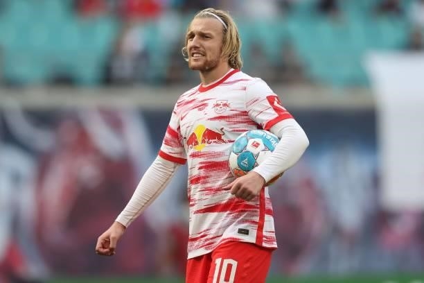 Emil Forsberg of Leipzig looks on during the Bundesliga match between RB Leipzig and Hertha BSC at Red Bull Arena on September 25, 2021 in Leipzig,...