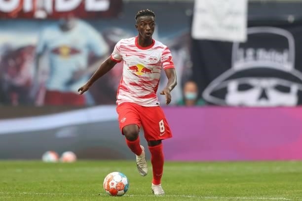 Amadou Haidara of Leipzig during the Bundesliga match between RB Leipzig and Hertha BSC at Red Bull Arena on September 25, 2021 in Leipzig, Germany.