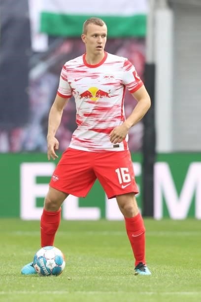 Lukas Klostermann of Leipzig runs with the ball during the Bundesliga match between RB Leipzig and Hertha BSC at Red Bull Arena on September 25, 2021...