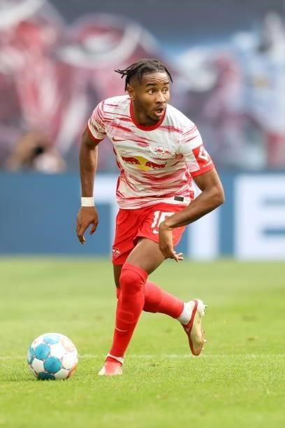 Christopher Nkunku of Leipzig runs with the ball during the Bundesliga match between RB Leipzig and Hertha BSC at Red Bull Arena on September 25,...