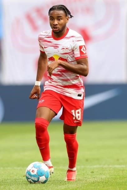 Christopher Nkunku of Leipzig runs with the ball during the Bundesliga match between RB Leipzig and Hertha BSC at Red Bull Arena on September 25,...