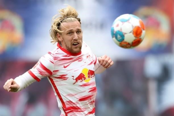 Emil Forsberg of Leipzig runs with the ball during the Bundesliga match between RB Leipzig and Hertha BSC at Red Bull Arena on September 25, 2021 in...