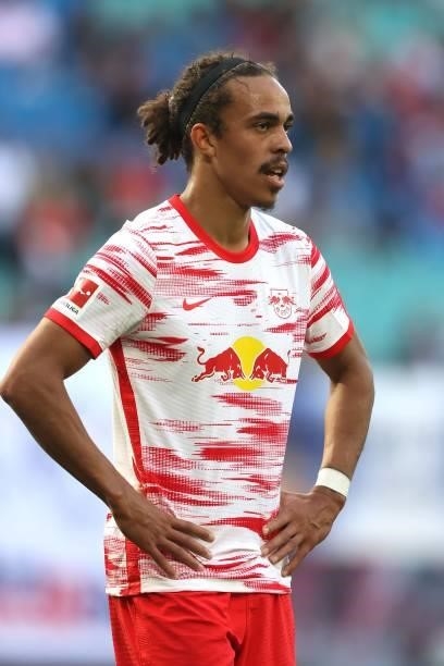 Yussuf Poulsen of Leipzig looks on during the Bundesliga match between RB Leipzig and Hertha BSC at Red Bull Arena on September 25, 2021 in Leipzig,...