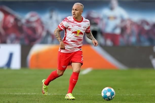 Jose Angelino of Leipzig runs with the ball during the Bundesliga match between RB Leipzig and Hertha BSC at Red Bull Arena on September 25, 2021 in...