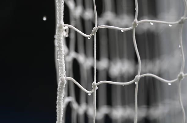Droplets of water on the goal net pictured during the Premier League match between Leeds United and West Ham United at Elland Road on September 25,...