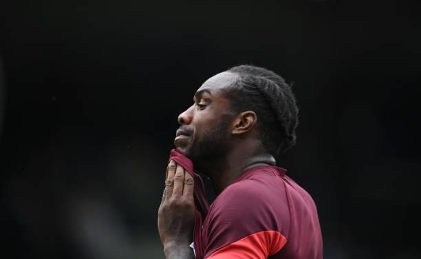 West Ham striker Michail Antonio reacts during the Premier League match between Leeds United and West Ham United at Elland Road on September 25, 2021...