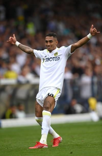 Leeds United player Raphinha celebrates his goal during the Premier League match between Leeds United and West Ham United at Elland Road on September...