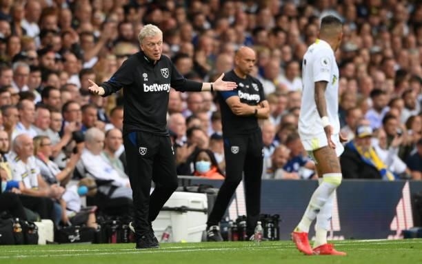 West Ham manager David Moyes reacts on the touchline during the Premier League match between Leeds United and West Ham United at Elland Road on...