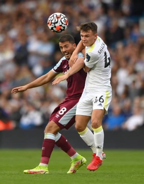 Leeds United player Jamie Shackleton challenges Pablo Fornals of West Ham during the Premier League match between Leeds United and West Ham United at...