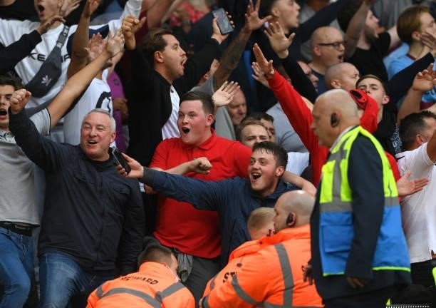 West Ham Fans enjoy their victory during the Premier League match between Leeds United and West Ham United at Elland Road on September 25, 2021 in...