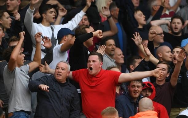 West Ham Fans enjoy their victory during the Premier League match between Leeds United and West Ham United at Elland Road on September 25, 2021 in...