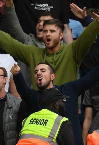 West Ham Fans gesture towards the Leeds fans during the Premier League match between Leeds United and West Ham United at Elland Road on September 25,...