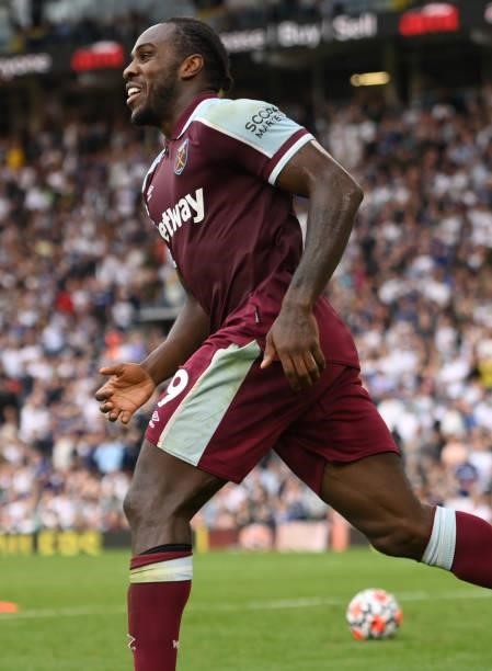 West Ham striker Michail Antonio celebrates after scoring the winning goal during the Premier League match between Leeds United and West Ham United...